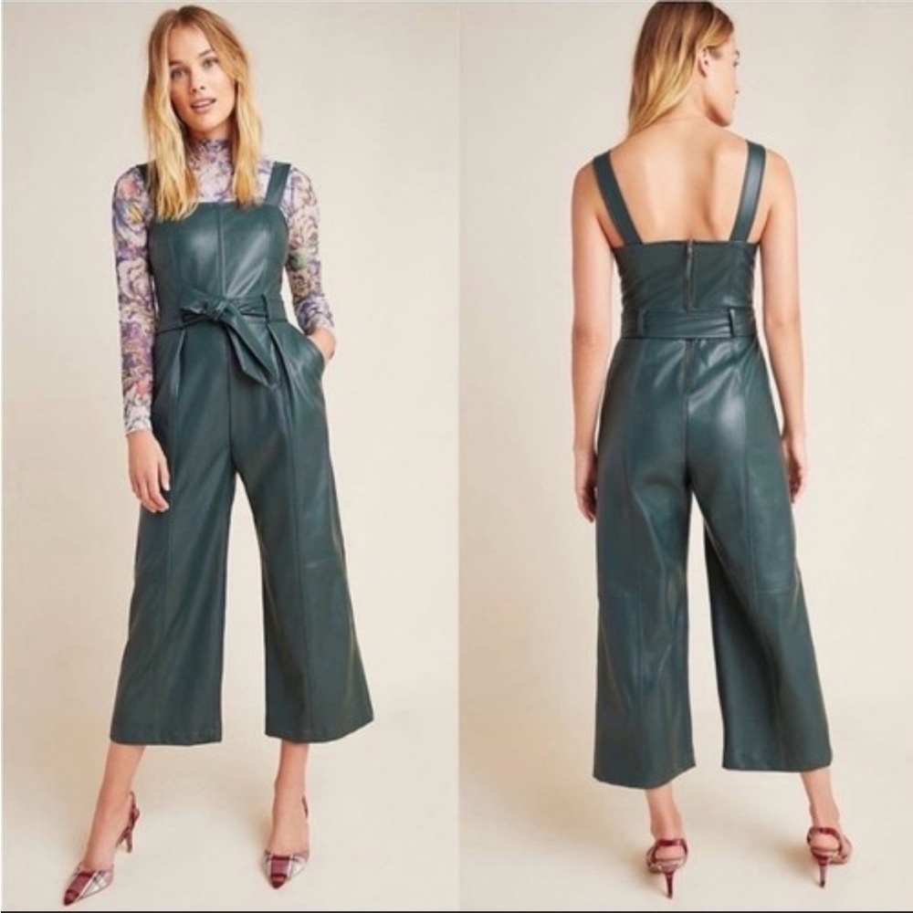 Dark Green Faux Leather Wide-Leg Jumpsuit with Tie Waist Anthropologie Samira
